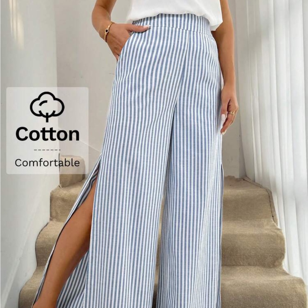 Striped Blue & White Wide-Leg Slit Pants - Picture 2 of 9